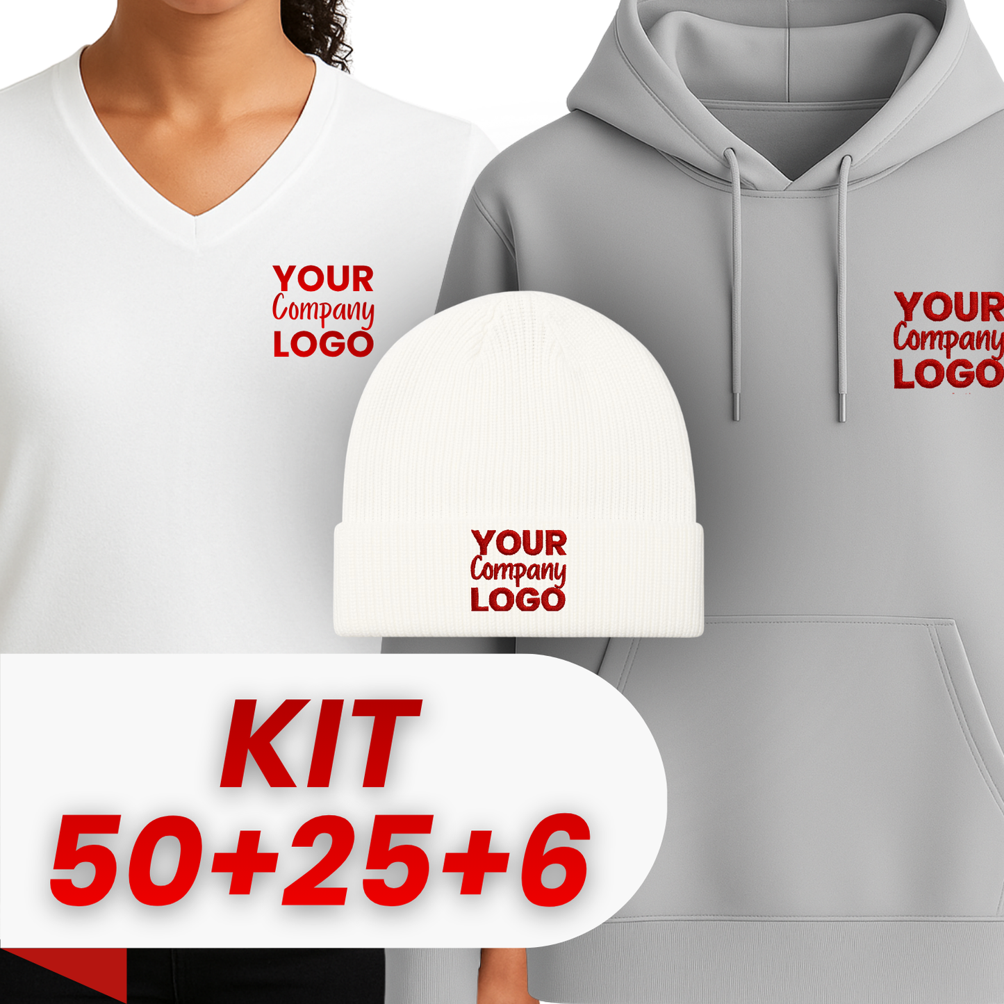 Kit: 50 Cotton T-Shirts + 25 Hoodies + 6 Embroidered Beanies